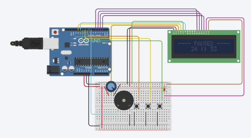 Tinkercad circuit: Arduino Uno wired to a 16x2 LCD, potentiometer, piezo buzzer and three buttons on a breadboard